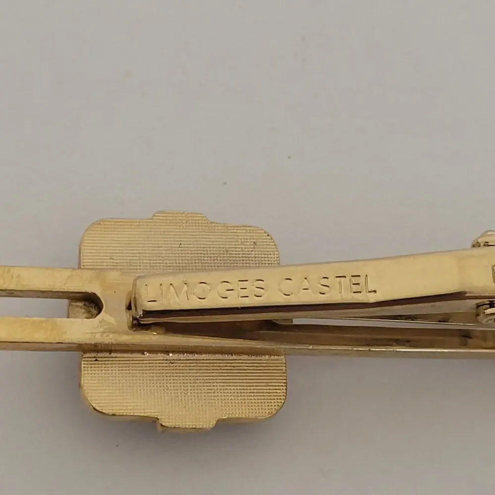 Limoges Castel France Gold Blue Tone Tie Clip Black‎ Horse Design 2 Inch